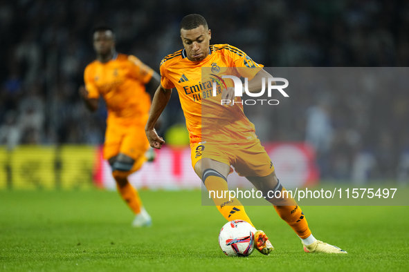 Kylian Mbappe centre-forward of Real Madrid and France in action during the La Liga match between Real Sociedad de Futbol and Real Madrid CF...