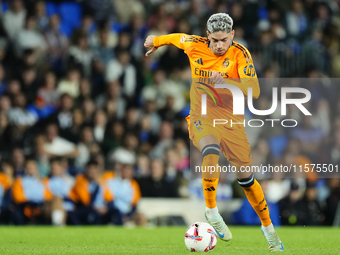 Federico Valverde central midfield of Real Madrid and Uruguay in action during the La Liga match between Real Sociedad de Futbol and Real Ma...