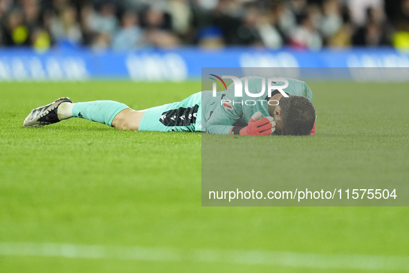 Alex Remiro goalkeeper of Real Sociedad and Spain reacts during the La Liga match between Real Sociedad de Futbol and Real Madrid CF at Real...