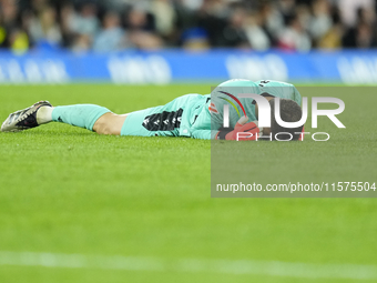 Alex Remiro goalkeeper of Real Sociedad and Spain reacts during the La Liga match between Real Sociedad de Futbol and Real Madrid CF at Real...