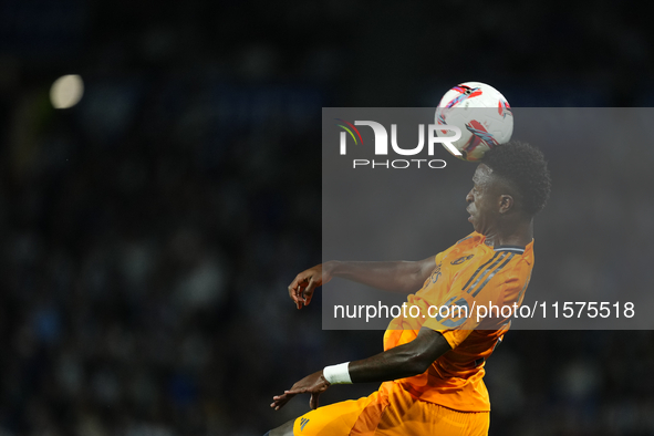 Vinicius Junior left winger of Real Madrid and Brazil controls the ball during the La Liga match between Real Sociedad de Futbol and Real Ma...