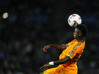 Vinicius Junior left winger of Real Madrid and Brazil controls the ball during the La Liga match between Real Sociedad de Futbol and Real Ma...