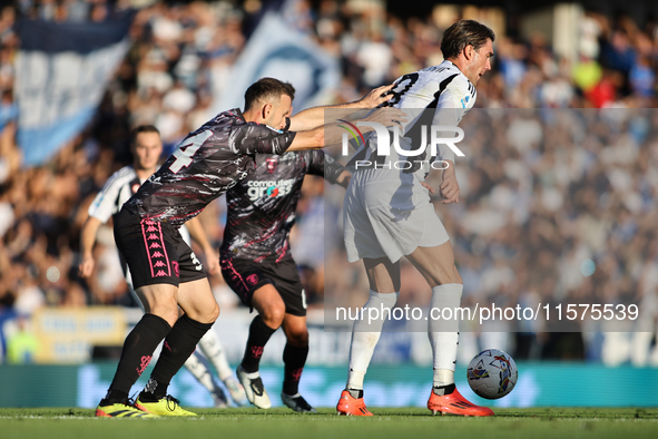 Dusan Vlahovic of Juventus FC controls the ball during the Serie A match between Empoli FC and Juventus FC in Empoli, Italy, on September 14...