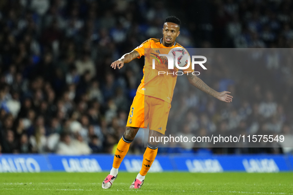 Eder Militao centre-back of Real Madrid and Brazil controls the ball during the La Liga match between Real Sociedad de Futbol and Real Madri...