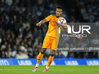 Eder Militao centre-back of Real Madrid and Brazil controls the ball during the La Liga match between Real Sociedad de Futbol and Real Madri...