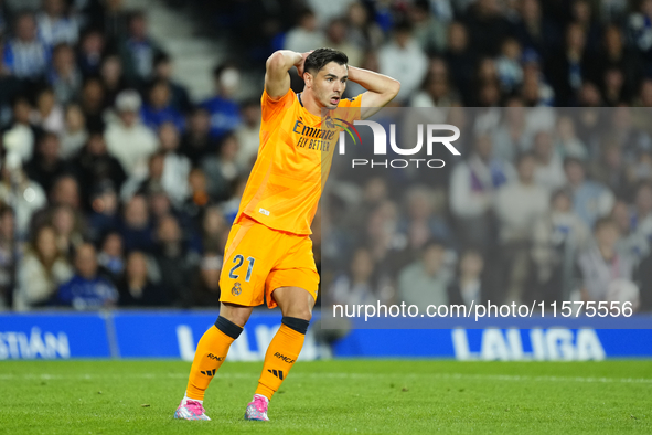 Brahim Diaz attacking midfield of Real Madrid and Spain reacts during the La Liga match between Real Sociedad de Futbol and Real Madrid CF a...