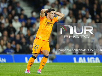 Brahim Diaz attacking midfield of Real Madrid and Spain reacts during the La Liga match between Real Sociedad de Futbol and Real Madrid CF a...