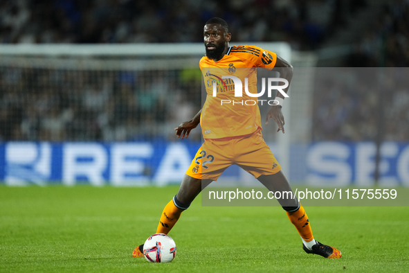 Antonio Rudiger centre-back of Real Madrid and Germany controls the ball during the La Liga match between Real Sociedad de Futbol and Real M...