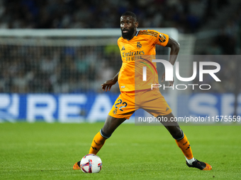 Antonio Rudiger centre-back of Real Madrid and Germany controls the ball during the La Liga match between Real Sociedad de Futbol and Real M...