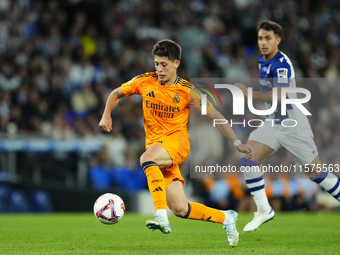 Arda Guler attacking midfield of Real Madrid and Turkey controls the ball during the La Liga match between Real Sociedad de Futbol and Real...