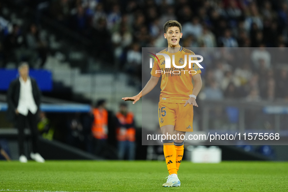 Arda Guler attacking midfield of Real Madrid and Turkey controls the ball during the La Liga match between Real Sociedad de Futbol and Real...