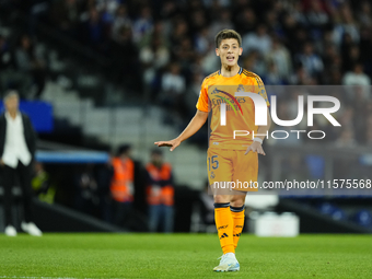 Arda Guler attacking midfield of Real Madrid and Turkey controls the ball during the La Liga match between Real Sociedad de Futbol and Real...