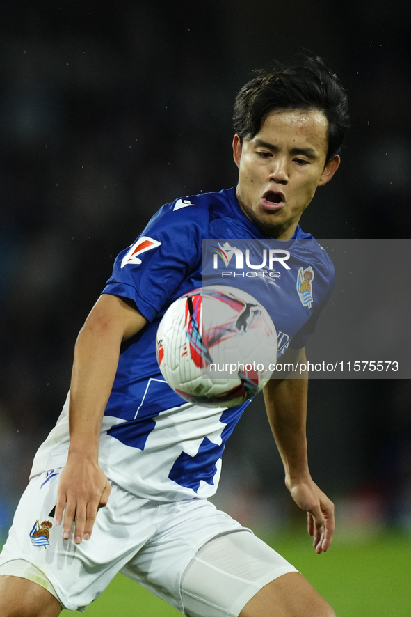 Takefusa Kubo right winger of Real Sociedad and Japan controls the ball during the La Liga match between Real Sociedad de Futbol and Real Ma...