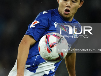 Takefusa Kubo right winger of Real Sociedad and Japan controls the ball during the La Liga match between Real Sociedad de Futbol and Real Ma...