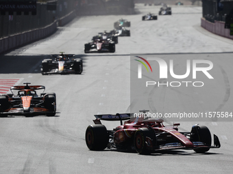 Charles Leclerc of Ferrari, Lando Norris of McLaren and Sergio Perez of Red Bull Racing during the Formula 1 Grand Prix of Azerbaijan at Bak...