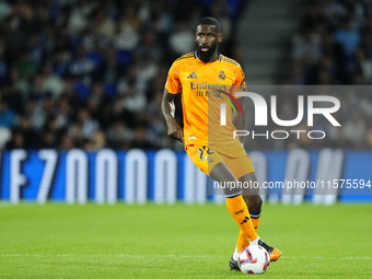 Antonio Rudiger centre-back of Real Madrid and Germany during the La Liga match between Real Sociedad de Futbol and Real Madrid CF at Reale...