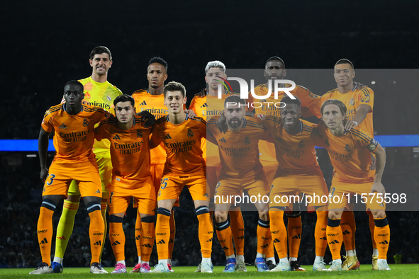 Real Madrid line up (L-R) Thibaut Courtois, Eder Militao, Federico Valverde, Antonio Rudiger, Kylian Mbappe, Ferland Mendy, Brahim Diaz, Ard...