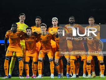 Real Madrid line up (L-R) Thibaut Courtois, Eder Militao, Federico Valverde, Antonio Rudiger, Kylian Mbappe, Ferland Mendy, Brahim Diaz, Ard...