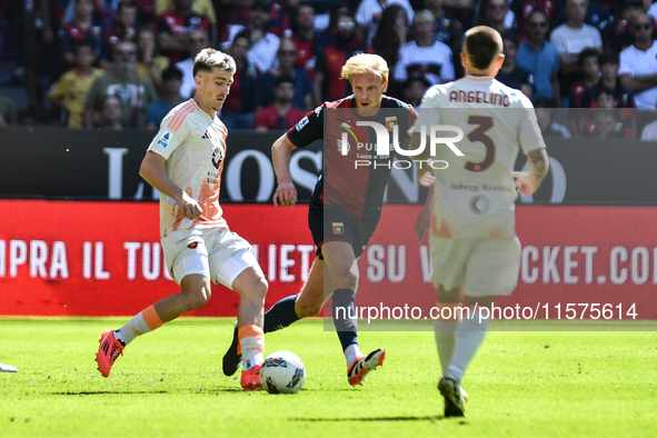 #56 Alexis Saelemaekers of Roma passes the ball during the Serie A ENILIVE 24/25 match between Genoa CFC and AS Roma at Stadio Luigi Ferrari...