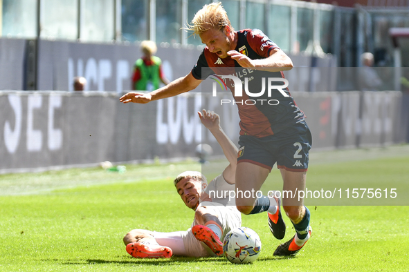 #56 Alexis Saelemaekers of Roma contrasts #2 Morten Thorsby of Genoa during the Serie A ENILIVE 24/25 match between Genoa CFC and AS Roma at...