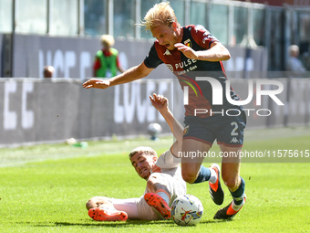 #56 Alexis Saelemaekers of Roma contrasts #2 Morten Thorsby of Genoa during the Serie A ENILIVE 24/25 match between Genoa CFC and AS Roma at...