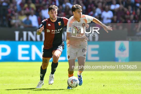 Nicolo Pisilli is in action during the Serie A ENILIVE 24/25 match between Genoa CFC and AS Roma at Stadio Luigi Ferraris in Genova, Italy 