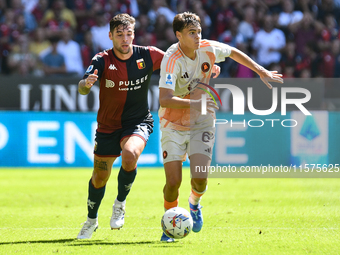 Nicolo Pisilli is in action during the Serie A ENILIVE 24/25 match between Genoa CFC and AS Roma at Stadio Luigi Ferraris in Genova, Italy (