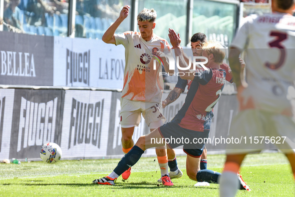 Morten Thorsby of Genoa contrasts with Alexis Saelemaekers of Roma during the Serie A ENILIVE 24/25 match between Genoa CFC and AS Roma at S...