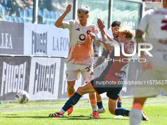 Morten Thorsby of Genoa contrasts with Alexis Saelemaekers of Roma during the Serie A ENILIVE 24/25 match between Genoa CFC and AS Roma at S...