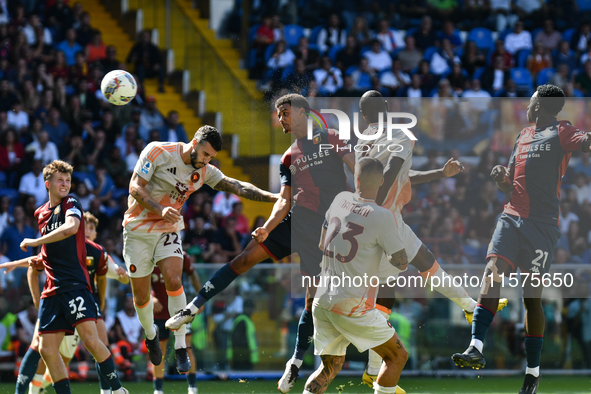 Koni De Winter of Genoa scores his team's first goal to make the score 1-1 during the Serie A ENILIVE 24/25 match between Genoa CFC and AS R...