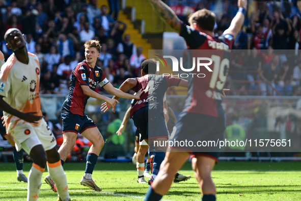 Koni De Winter of Genoa celebrates scoring his team's first goal to make the score 1-1 during the Serie A ENILIVE 24/25 match between Genoa...