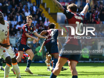 Koni De Winter of Genoa celebrates scoring his team's first goal to make the score 1-1 during the Serie A ENILIVE 24/25 match between Genoa...