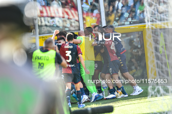 Genoa CFC celebrates scoring the team's first goal to make the score 1-1 during the Serie A ENILIVE 24/25 match between Genoa CFC and AS Rom...