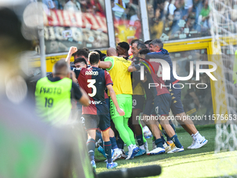 Genoa CFC celebrates scoring the team's first goal to make the score 1-1 during the Serie A ENILIVE 24/25 match between Genoa CFC and AS Rom...