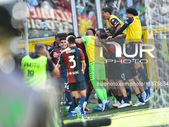 Genoa CFC celebrates scoring the team's first goal to make the score 1-1 during the Serie A ENILIVE 24/25 match between Genoa CFC and AS Rom...