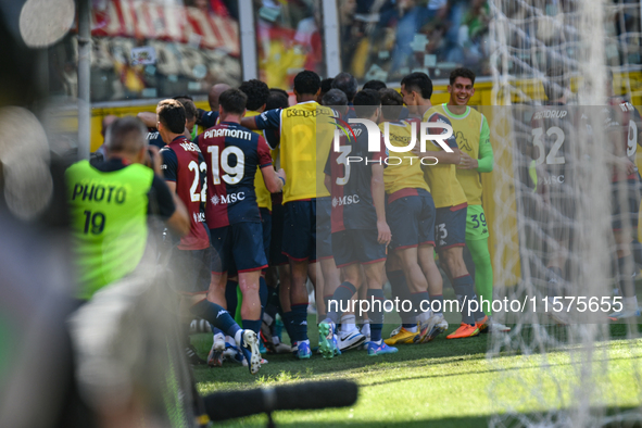 Genoa CFC celebrates scoring the team's first goal to make the score 1-1 during the Serie A ENILIVE 24/25 match between Genoa CFC and AS Rom...