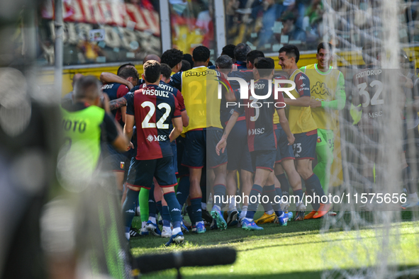 Genoa CFC celebrates scoring the team's first goal to make the score 1-1 during the Serie A ENILIVE 24/25 match between Genoa CFC and AS Rom...