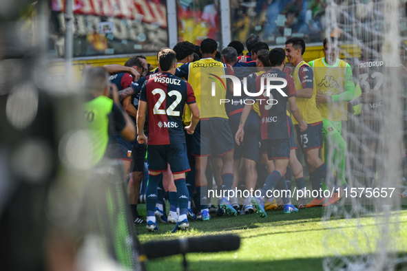 Genoa CFC celebrates scoring the team's first goal to make the score 1-1 during the Serie A ENILIVE 24/25 match between Genoa CFC and AS Rom...