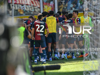 Genoa CFC celebrates scoring the team's first goal to make the score 1-1 during the Serie A ENILIVE 24/25 match between Genoa CFC and AS Rom...