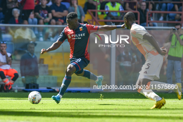 Caleb Ekuban of Genoa attempts to score during the Serie A ENILIVE 24/25 match between Genoa CFC and AS Roma at Stadio Luigi Ferraris in Gen...