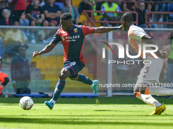 Caleb Ekuban of Genoa attempts to score during the Serie A ENILIVE 24/25 match between Genoa CFC and AS Roma at Stadio Luigi Ferraris in Gen...