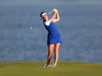 GAINESVILLE, VIRGINIA - SEPTEMBER 14: Georgia Hall of Team Europe hits to the 17th green during Day Two of the Solheim Cup at Robert Trent J...