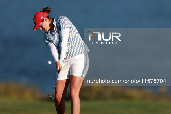 GAINESVILLE, VIRGINIA - SEPTEMBER 14: Ally Ewing of the United States hits from the 17th fairway during Day Two of the Solheim Cup at Robert...