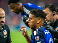 Cincinnati attacker Nicholas Gioacchini receives medical attention during the 'Hell is Real' Major League Soccer match between FC Cincinnati...