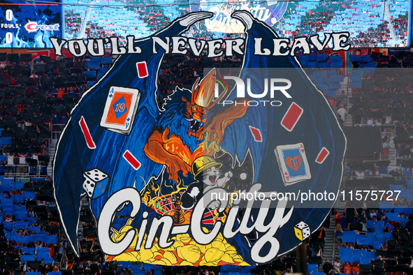 A tifo is seen prior to the start of the 'Hell is Real' Major League Soccer match between FC Cincinnati and the Columbus Crew at TQL Stadium...