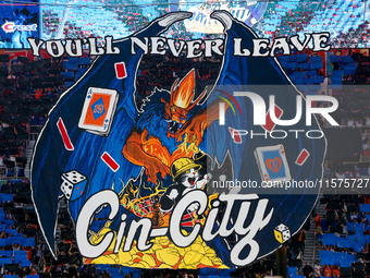 A tifo is seen prior to the start of the 'Hell is Real' Major League Soccer match between FC Cincinnati and the Columbus Crew at TQL Stadium...