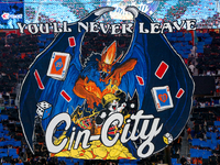 A tifo is seen prior to the start of the 'Hell is Real' Major League Soccer match between FC Cincinnati and the Columbus Crew at TQL Stadium...