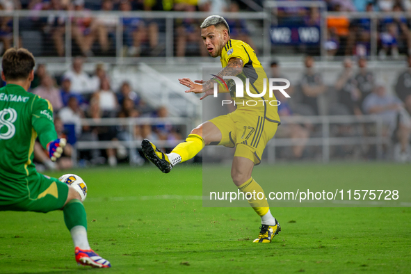 Columbus attacker Christian Ramirez takes a shot during the 'Hell is Real' Major League Soccer match between FC Cincinnati and the Columbus...