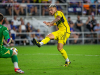 Columbus attacker Christian Ramirez takes a shot during the 'Hell is Real' Major League Soccer match between FC Cincinnati and the Columbus...