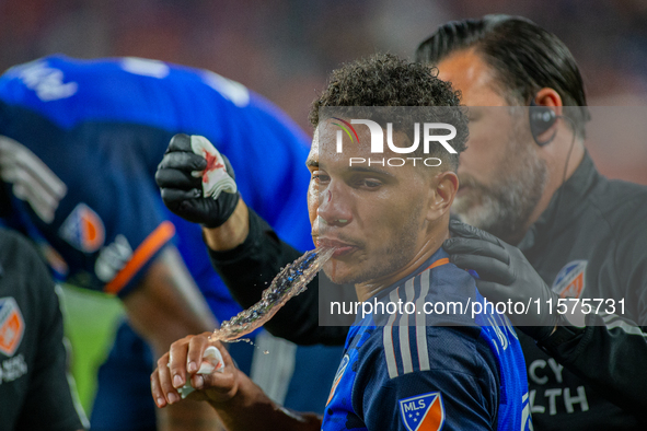 Cincinnati attacker Nicholas Gioacchini receives medical attention during the 'Hell is Real' Major League Soccer match between FC Cincinnati...